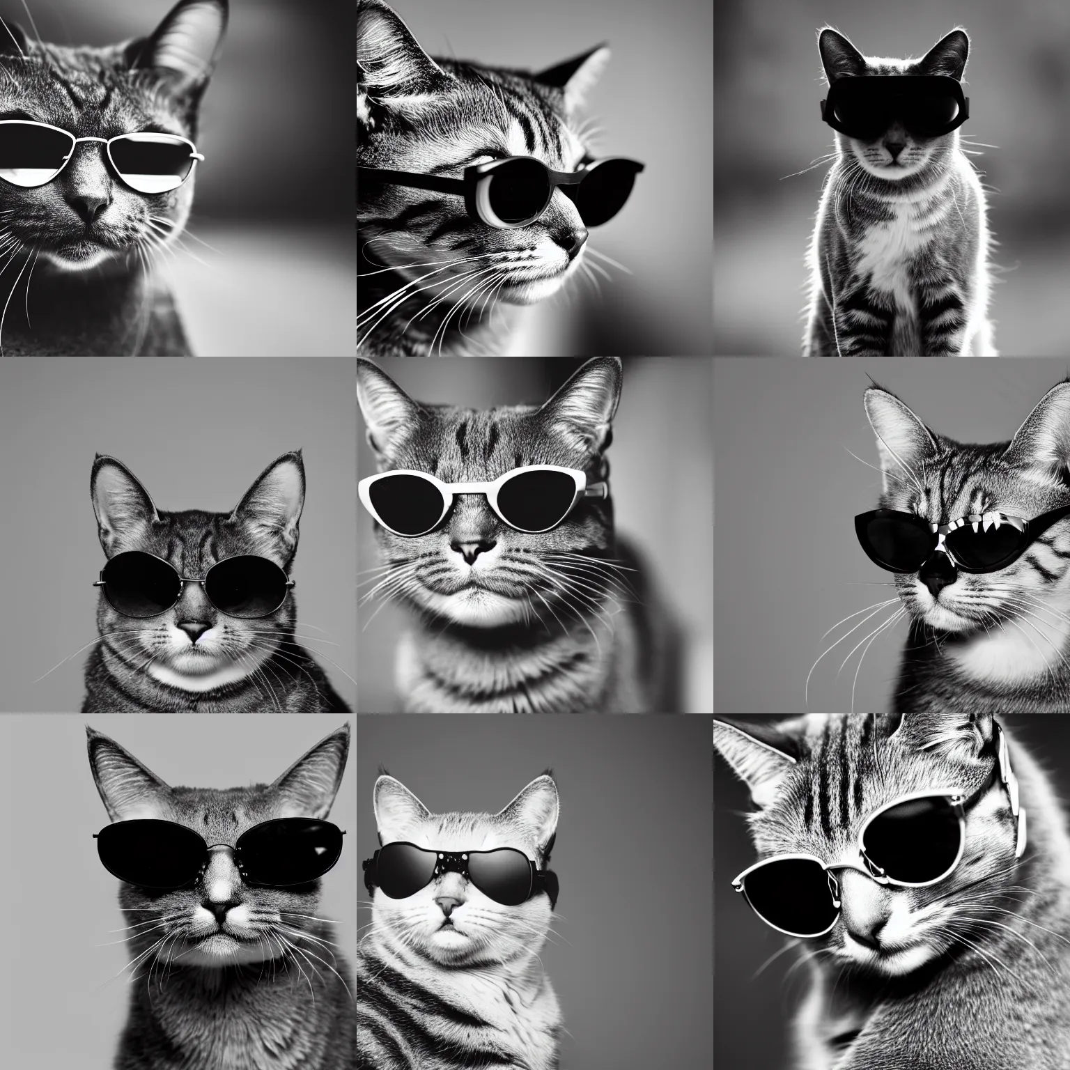 Prompt: a grayscale photo of a cat with sunglasses with a black background