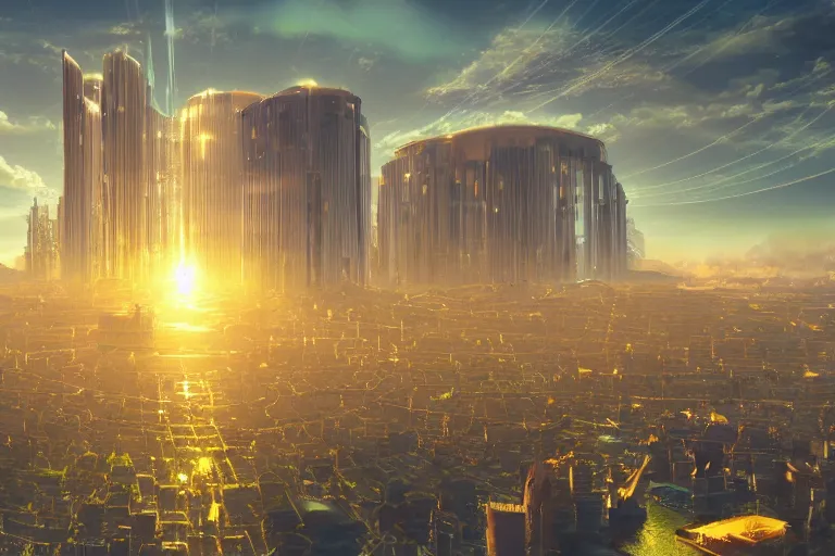 Image similar to gigantic solarpunk utopian city, beautiful golden rays of sunshine