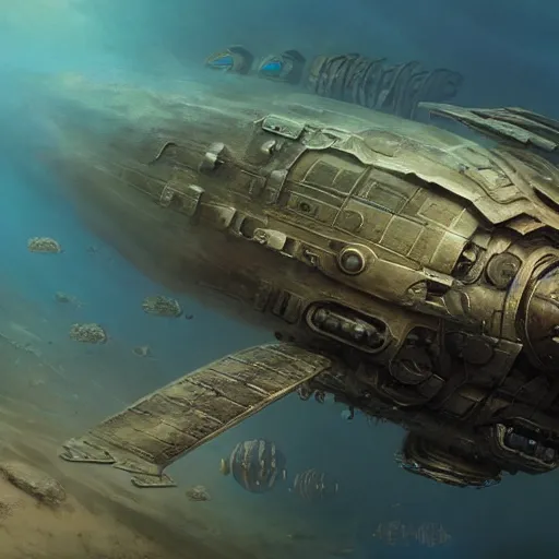 Image similar to a dieselpunk spaceship lies at the bottom of the sea in a coral reef, underwater, matte painting, submecanophobia, fantasy, intricate, elegant, digital painting, trending on artstation, concept art, sharp focus, illustration by greg rutkowski, darek zabrocki and john berkey, 4 k.