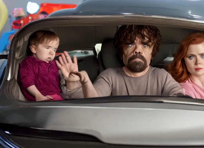 Prompt: peter dinklage and amy adams driving a little tikes cozy coupe, movie still, from the new fast and furious tokyo drift movie, 8 k, realistic