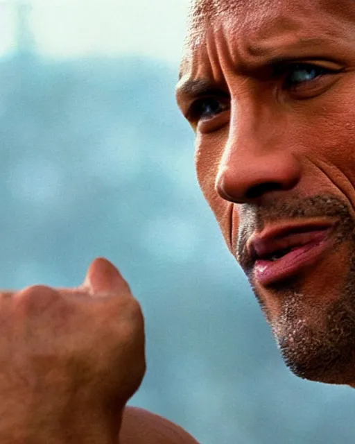 Image similar to Film still close-up shot of Dwayne Johnson as Rocky Balboa from the movie Rocky. Photographic, photography