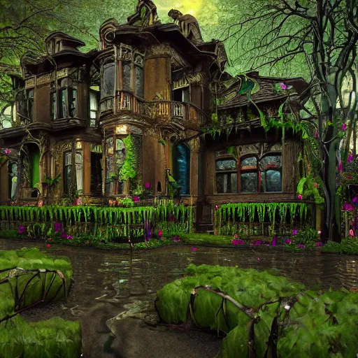 Image similar to ugly gaudy mansion, abandoned, growing vines, very old, professional art, trending on artstation, very detailed, realistic,