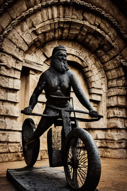 Image similar to photo of the ancient statue of biker on the ancient bike, symmetrical, cinematic, real dlsr photography, sharp focus, 4 k, ultra hd, sense of awe, archeology journal cover