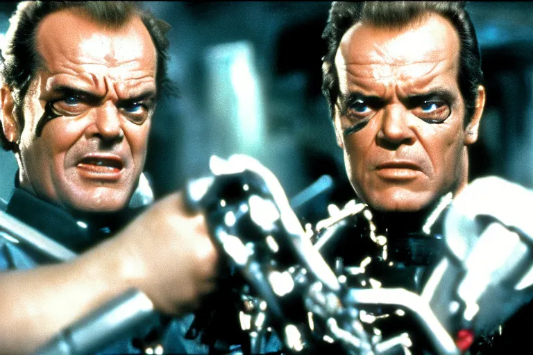 Image similar to Jack Nicholson plays Terminator, scene where his endoskeleton gets exposed, still from the film