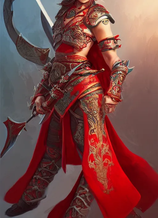 Prompt: a highly detailed illustration of fierce mongol warrior princess wearing red robe, heroic wielding bow pose, intricate, elegant, highly detailed, centered, digital painting, artstation, concept art, smooth, sharp focus, league of legends concept art, wlop.