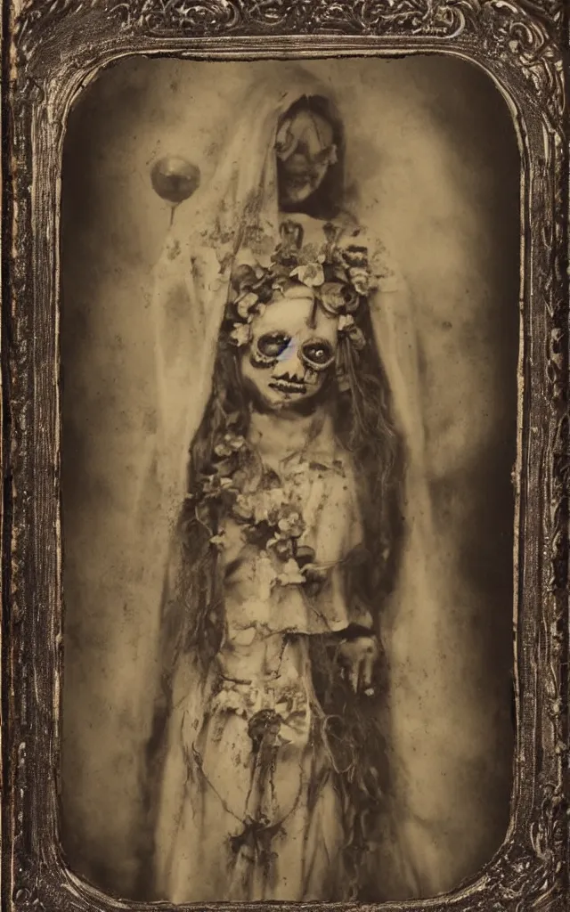 Image similar to tintype full body view, virgin mary in dia de muertos dress and make up, horrific beautiful vibe, evocative, atmospheric lighting, painted, intricate, highly detailed,