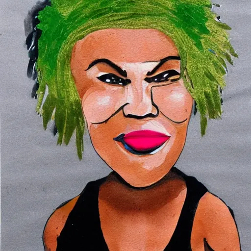 Image similar to tina turner portrait, green turnip hair as leaves, vegetable