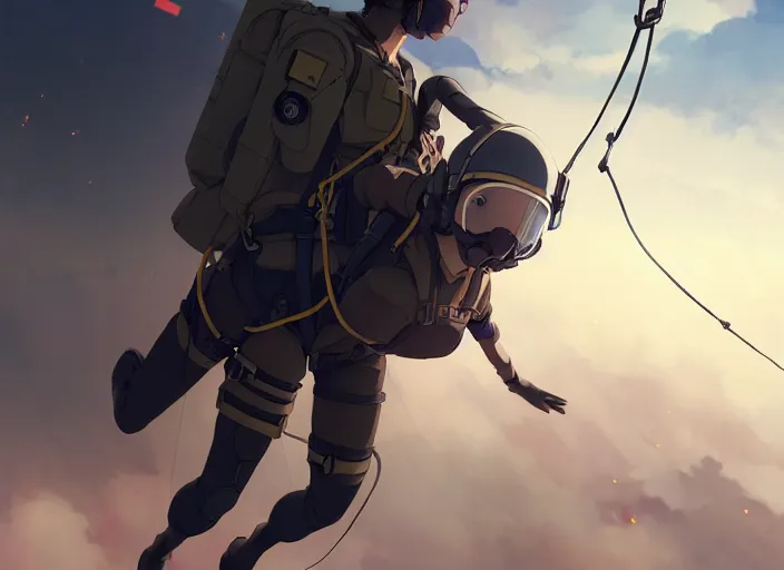 Image similar to portrait of pilot girl parachuting behind enemy lines, black sky background, chaotic landscape, illustration concept art anime key visual trending pixiv fanbox by wlop and greg rutkowski and makoto shinkai and studio ghibli and kyoto animation, kaki body suit, wires and chords, oxygen mask, military gear, grimdark, volumetric lighting