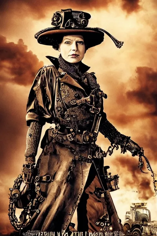 Image similar to steampunk queen elizabeth in mad max fury road