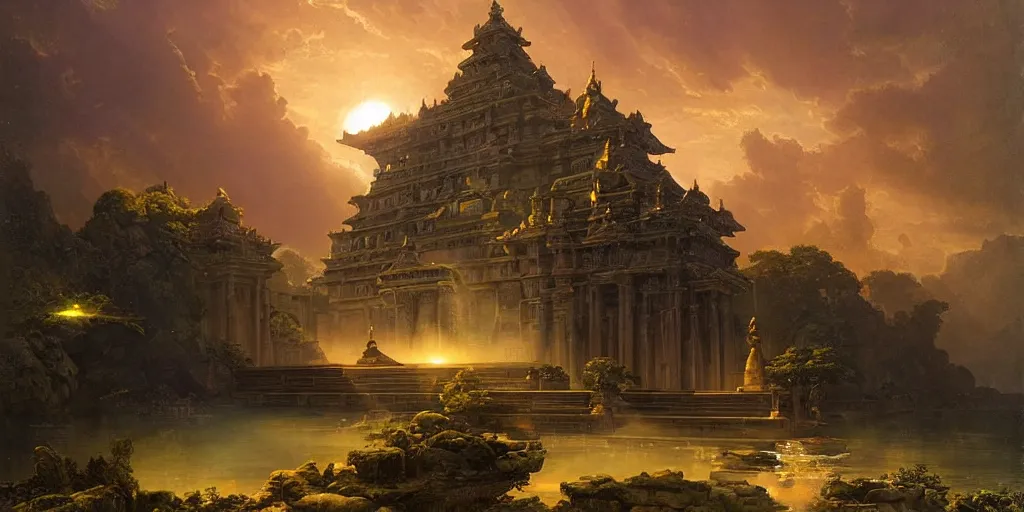 Image similar to beautiful hyperrealistic spectacular painting of a mysterious temple with a timemachine advanced technology with a green-glowing-crystal from the future, by Rapahel Lacoste and Hubert Robert and Lee Madwick, dramatic sunset lighting, advanced technology