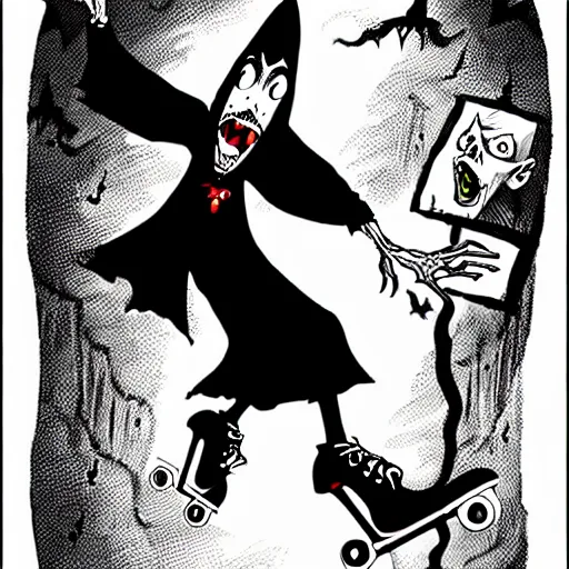 Image similar to black and white trippy comic art of dracula the vampire vampire vampire roller skating on roller skates, drawn by martin rowson, tim burton, studio ghibli, alex pardee, nekro petros afshar, james mcdermott, cgsociety 4 k