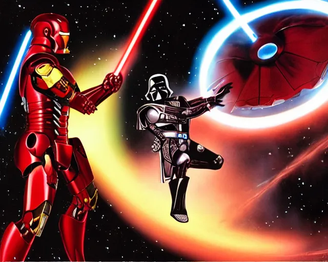 Image similar to a duel between iron man ( left ) and darth vader ( right ), in space, shot on alexxa ; 3 5 mm cooke