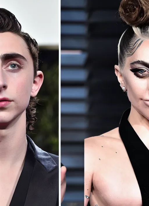 Image similar to timothee chalamet meets lady gaga, canon, highly realistic. high resolution. highly detailed 8 k. 4 k.