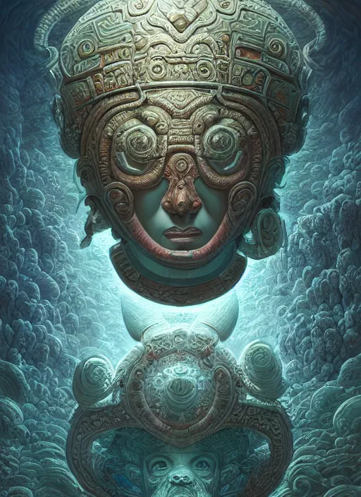Image similar to Helmet of a forgotten Mayan Deity, ivory, corals, extremly detailed digital painting, in the style of Tomasz Alen Kopera and Fenghua Zhong and Peter Mohrbacher, mystical colors, rim light, beautiful lighting, 8k, stunning scene, raytracing, octane, trending on artstation