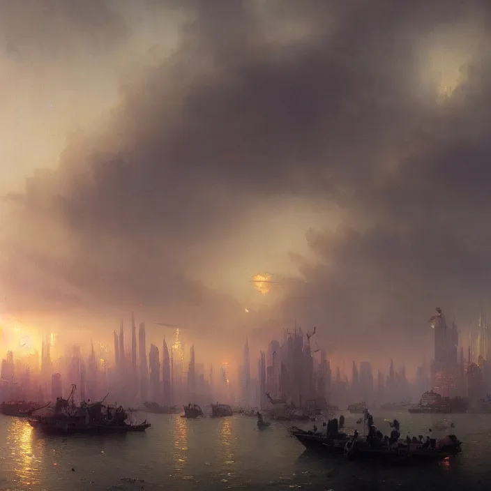 Prompt: a beautiful painting of a cyberpunk city on the sea by ivan aivazovsky and greg rutkowski and james gurney and frank lloyd and sung choi, in style of impressionnisme. hyper detailed, sharp focus, soft light. unreal engine 5 lumen. ray tracing. trending on artstation. oil on canvas