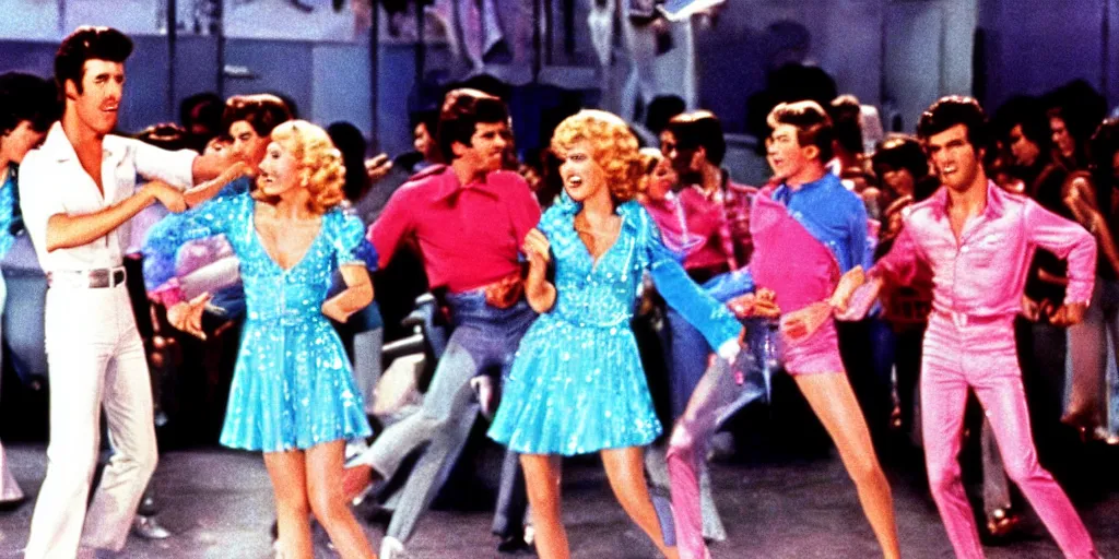 Prompt: Still of Grease (1976) with a disco dance interpreted by Fred Astaire and Ginger Rogers, cinematic, technicolor