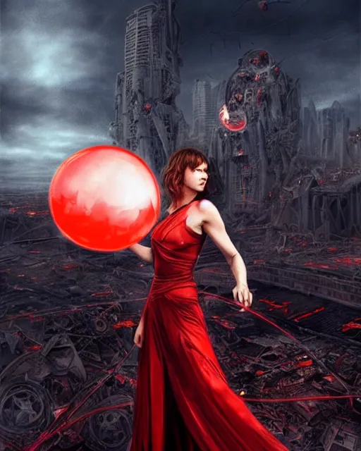 Image similar to Milla Jovovich surrounded by a red force field bubble and levitating high in the air above a destroyed dystopian city by night, shot from behind, ultra-wide angle, D&D, fantasy, intricate, elegant, highly detailed, digital painting, artstation, concept art, matte, sharp focus, illustration, hearthstone, art by Artgerm and Greg Rutkowski and Alphonse Mucha