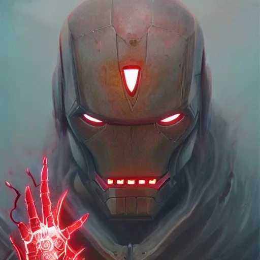 Prompt: portrait middle-earth ring wraith as marvel iron man with red glowing eyes, art by pete mohrbacher and seb mckinnon and beksinski and josan gonzales, digital art, highly detailed, intricate, sci-fi, sharp focus, Trending on Artstation HQ, deviantart, unreal engine 5, 4K UHD image