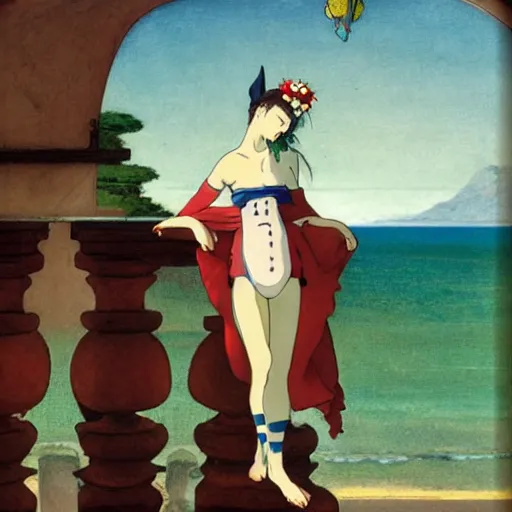 Prompt: A jester on the front of a Balustrade with a beach on the background, a colab between studio ghibli and paul delaroche