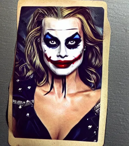 Image similar to tattoo design sketch of beautiful margot robbie portrait with joker makeup, holding an ace card, in the style of den yakovlev, realistic face, black and white, realism tattoo, hyper realistic, highly detailed