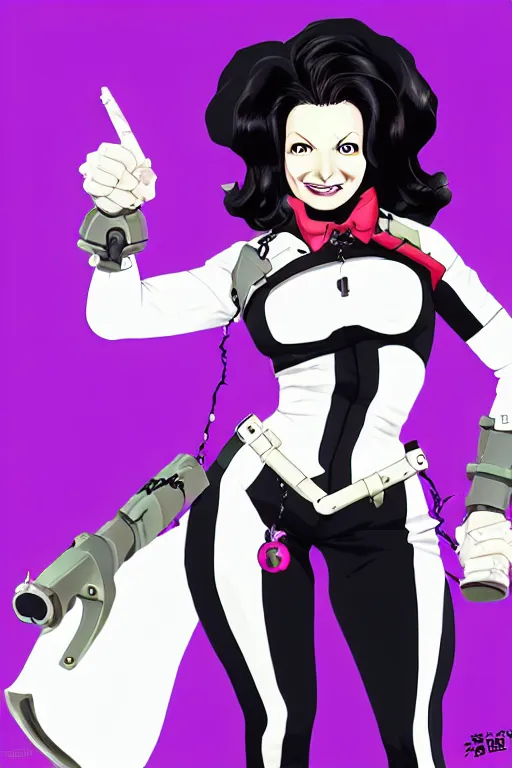 Image similar to fran drescher as screamstress, character design concept for overwatch and my hero academia, illustration in the style of hirohiko araki and shoji kawamori.