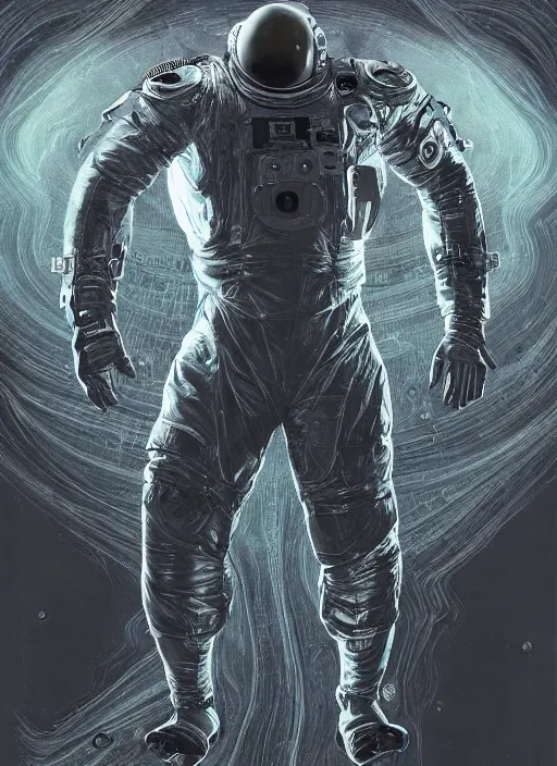 Image similar to astronaut in dark void underwater - complex and hyperdetailed technical suit design. reflection and dispersion materials. rays and dispersion of light. volumetric light. f / 3 2. noise film photo. flash photography. ultra realistic, 5 0 mm. poster by wayne barlowe, hajime sorayama aaron horkey, craig mullins