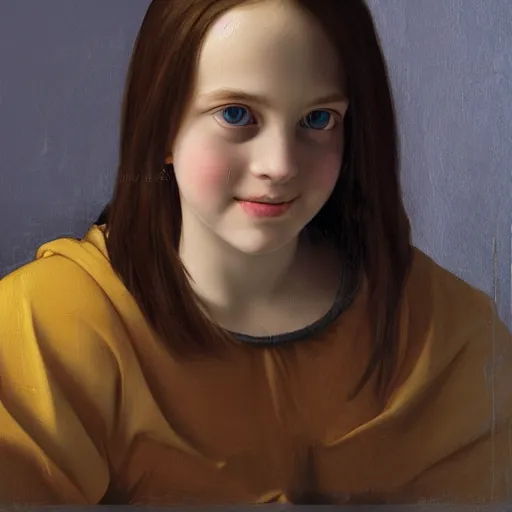 Prompt: full body portrait of a girl with blue eyes, gentle round face, with a bright smile, long dark hair, highly detailed, deep focus, elegant, digital painting, smooth, sharp focus, golden ratio, illustration, ultra realistic, 8 k, art by artemisia lomi gentileschi and caravaggio