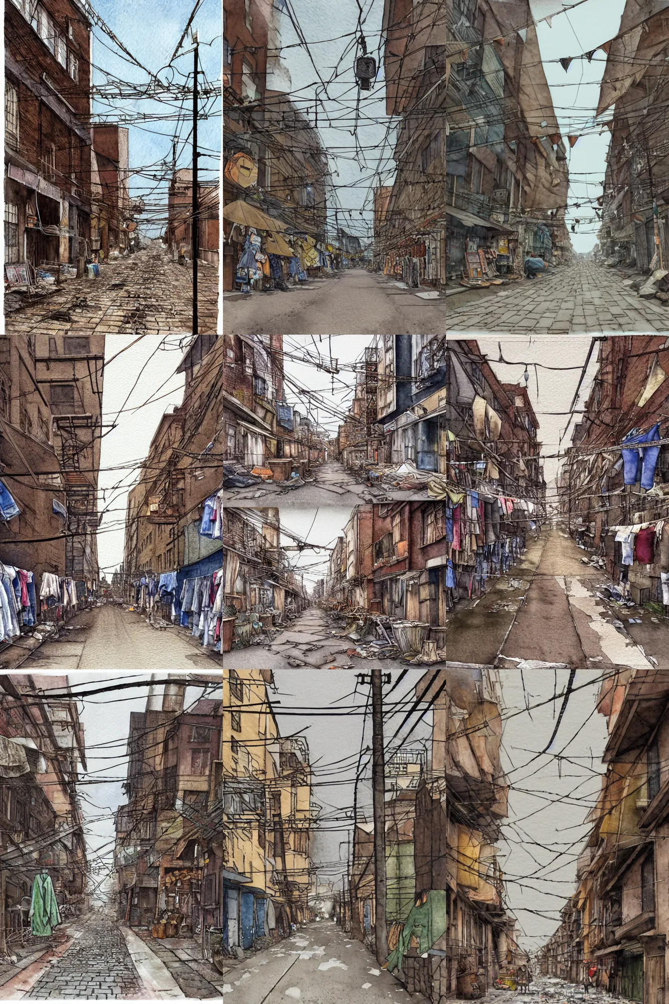 Prompt: street scene, low angle, tatsuyuki tanaka, detailed watercolor, back lit, paper texture, movie scene, clothes line full of clothes pegged on it, out it, texture, brown cobble stones, dust, overhead wires, telephone pole, dusty, dry, pencil marks, hd, 4k, remaster, dynamic camera angle, deep 3 point perspective, fish eye, dynamic scene