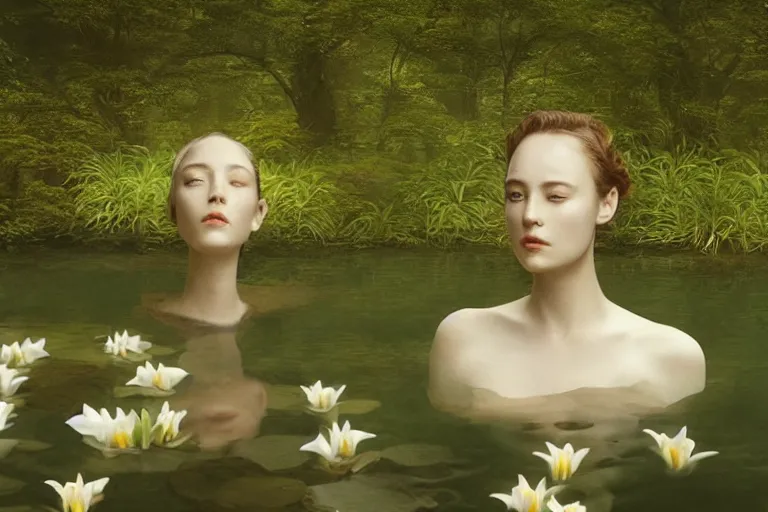 Image similar to cinematic 3 d portrait of a woman's porcelain head and shoulders floating in a pond, surrounded by a forrest of lillies, deep focus, intricate, elegant, highly detailed, matte, sharp focus, by bill henson and gregory crewdson and james jean