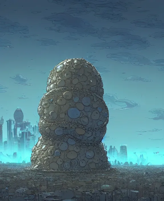 Image similar to rounded tower made from obese spider mollusks, in the style of a puffy spaceship, skeletons, partly cloudy, spooky, dramatic lighting, by geof darrow, bill sienkiewicz, dan mumford, yusuke murata, makoto shinkai, ross tran, cinematic, unreal engine, cel shaded, featured on artstation, pixiv