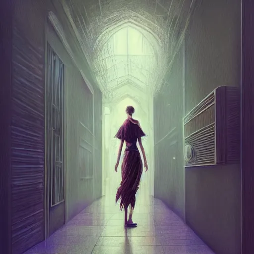 Image similar to beautiful girl in intricate clothing walking through a hallway filled with reaching hands, reflections, very high intricate details, horror, painting, digital anime art, medium shot, mid - shot, wlop, ilya kuvshinov, artgerm, krenz cushart, greg rutkowski, sana takeda