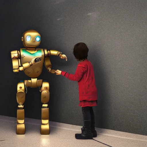 Prompt: fantastic realism comic book style photo of a robot gives a toy to a human child, concept art, unreal 5, render,