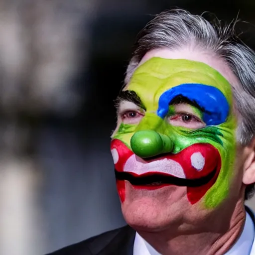 Image similar to Jerome Powell with colorful clown makeup all over his face whiteface