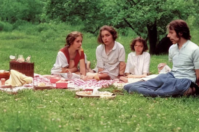 Image similar to An Utopia : A family composed of two women from different etnicity and a genderless child, are having a Picnic and reading philosophy by Eric Rohmer, close-up, 8K, award winning movie, 16mm, very beautiful, stunning, calm atmosphere, warm