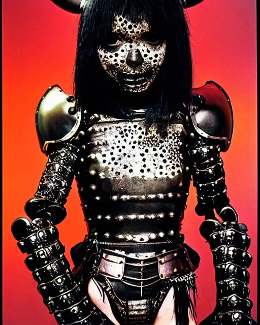 Image similar to portrait of a skinny punk goth yayoi kusama wearing armor by simon bisley, john blance, frank frazetta, fantasy, thief warrior, sparkles glitter