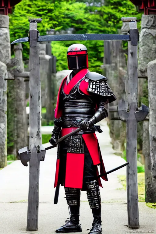 Prompt: a godlike and indomitable helmeted and masked samurai posing with their realistic detailed katana and wakizashi under an enormous Torii gate, the Japanese red rising sun in the coming up in background. Badass pose. Photo realistic. Award winning. Masterpiece, exquisite detail, post processing