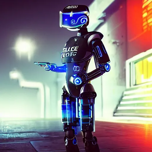 Prompt: “A robotic female police officer in futuristic ballistic armor with neon LEDs in front of police car with sirens on, highly detailed digital art photorealistic”