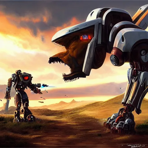 Prompt: epic painting of a realistic four - legged battle robot, sunset, detailed science fiction artwork, trending on artstation