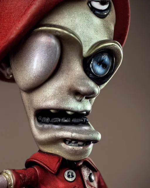 Image similar to highly detailed closeup, face profile portrait of a tin toy jack the ripper, depth of field, fashion photoshoot by nicoletta ceccoli, mark ryden, lostfish, dan decarlo, bob clampett, max fleischer, breathtaking, detailed and intricate environment, 8 k resolution, hyperrealistic, octane render