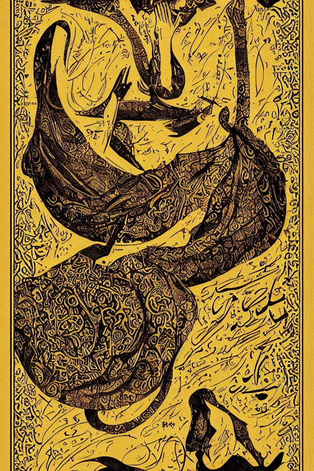 Prompt: melancholic persian typographic poster, vintage, graphic design, impactful, elegant, masterpiece, emotional fonts, golden, tarot card,trending on artstation