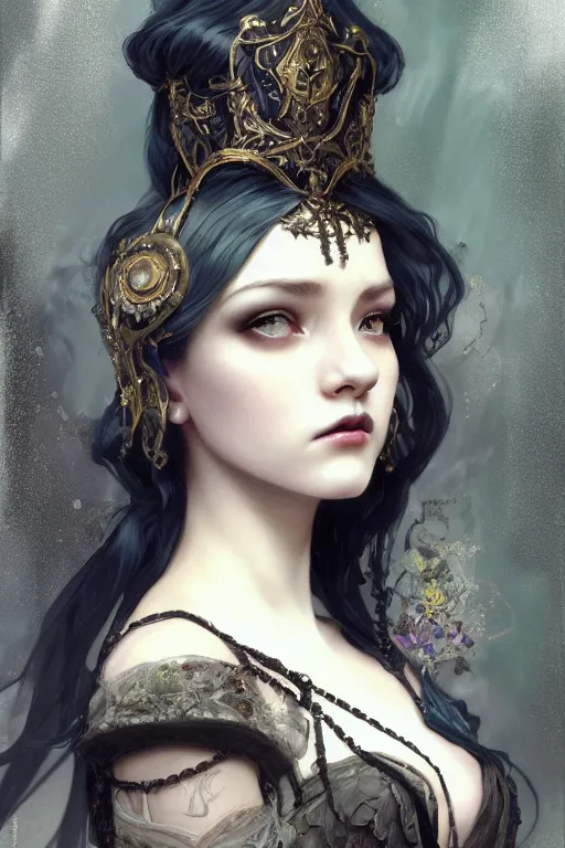 Prompt: beautiful and victorian and luxury and gothic and dieselpunk young medieval dark princess portrait like blackpink lisa+smoky eyes+front face with light flowing hair, ultradetail face, art and illustration by tian zi and craig mullins and WLOP and alphonse mucha, fantasy, intricate complexity, human structure, human anatomy, fantasy character concept, watermark, blurry, hyperrealism 8k