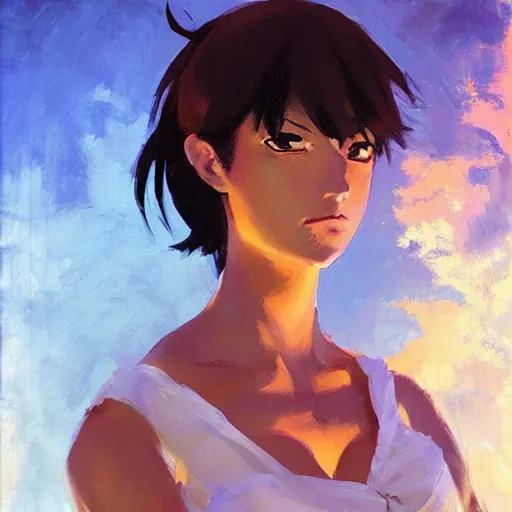 Prompt: greg manchess painting of an anime woman, direct flash photography at night, makoto shinkai