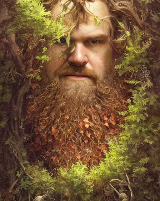 Prompt: patrick rothfuss as a forest druid with antlers, and leaves in his beard | highly detailed | very intricate | symmetrical | cinematic lighting | award - winning | closeup portrait | painted by donato giancola and mandy jurgens and charlie bowater | featured on artstation