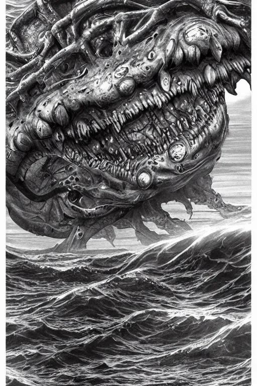 Image similar to a scary sea monster with the face of elon musk, photorealistic, cinematic lighting, highly detailed, very intricate, by hr giger