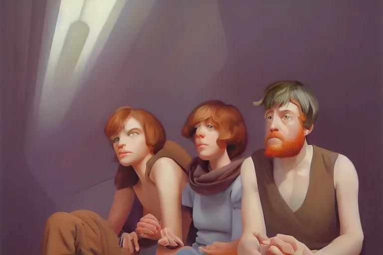 Prompt: beautiful painting of friends, beautiful faces, sitting on the edge, cute, soft light, digital painting by ralph mcquarrie and diane arbus and belotto bernardo