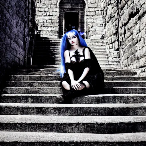 Prompt: Artistic photo of a goth girl in a corset sitting on stone stairs. She has blue hair.