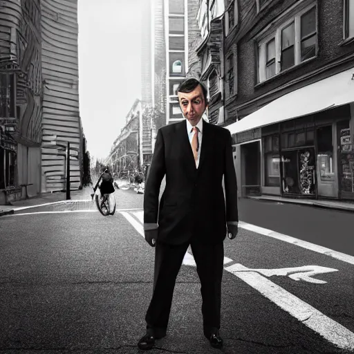 Prompt: mr. bean on the street, black and white color aesthetic, highly detailed, photorealistic portrait, bright studio setting, studio lighting, crisp quality and light reflections, unreal engine 5 quality render