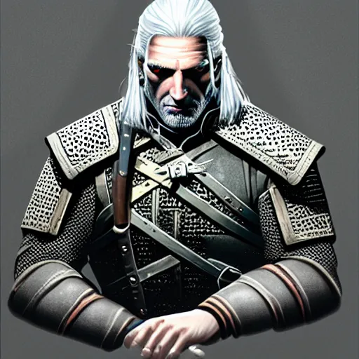 Prompt: Geralt working in an office, digital art, oil painiting