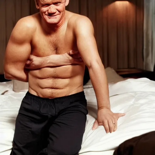 Prompt: gordon ramsey laying on a bed with only his underwear on, having a pot of chili being dumped on his chest. most of the room is white,