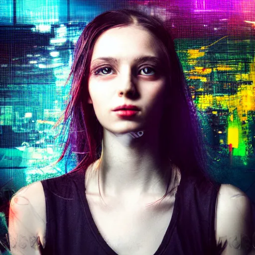 Prompt: portrait of techno cyberpunk girl in fron of abstract background photorealistic